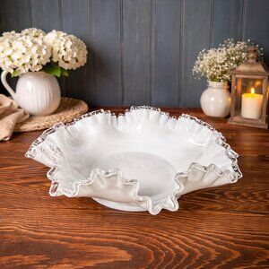 Vintage Fenton Silver Crest Bowl Large Ruffled Milk Glass Centerpiece